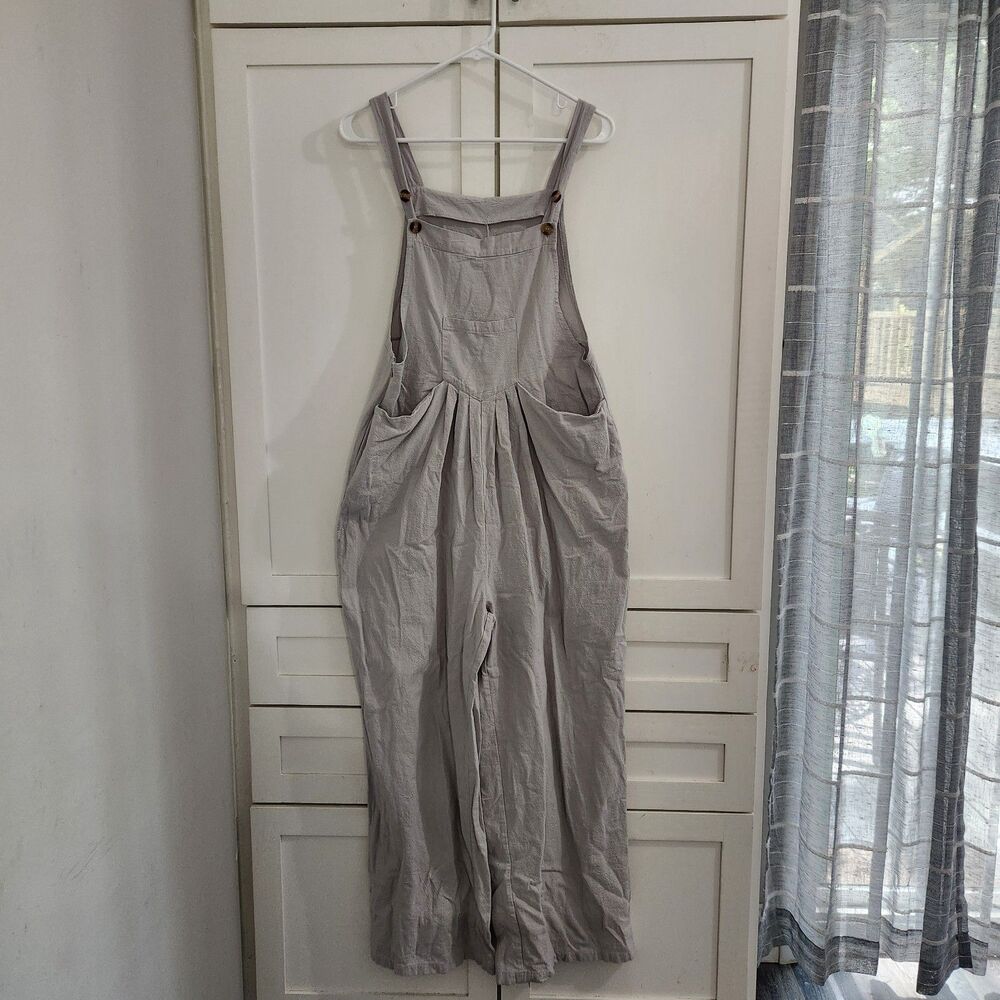 Cotton Linen Overalls Pleated Wide Leg Adjustable Straps Light Gray Women M Boho